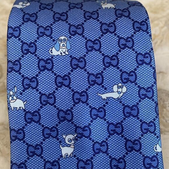 GUCCI Interlocking GG Dog Pattern Blue/Navy 100% Silk Tie - Picture 8 of 14